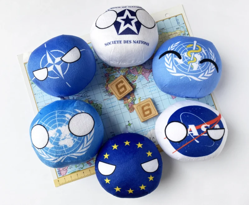 81NO-LN-EU-UN-WH-NA 1 6PC: NATO, League of Nations, European Union, United Nations, WHO, NASA, group view